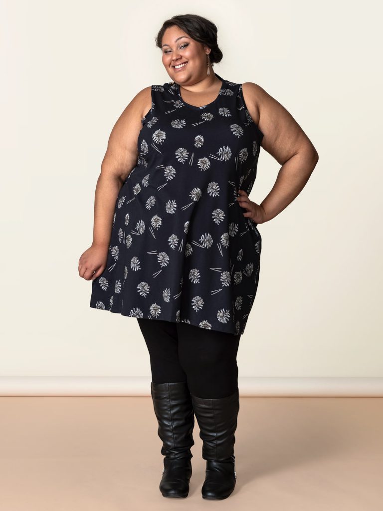 Adasha wearing a printed dress by designer Palmiina for Curves campaign for plus sizes. Weecos.com is a Sustainable Marketplace for ecologically and ethically responsible products.